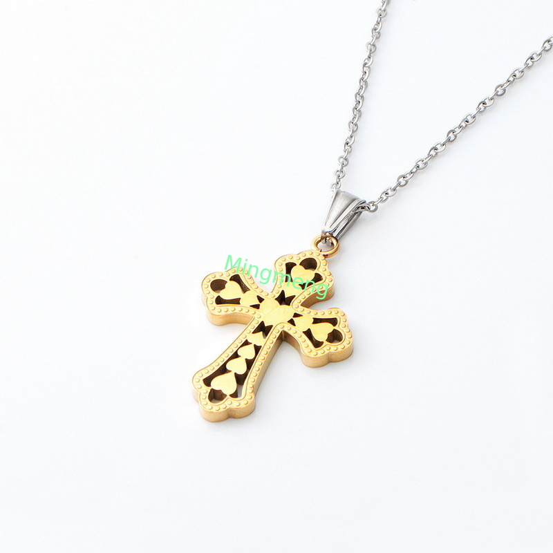Retro Pfirsich Herz Kreuz Anhänger、 Kreuz Zubehör Neues Edelstahl Halskette Damen Mode Titanstahl Halskette